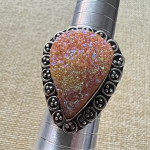 New Druzy Crystal Stone Teardrop Silver Overlay Ring Size 9.5